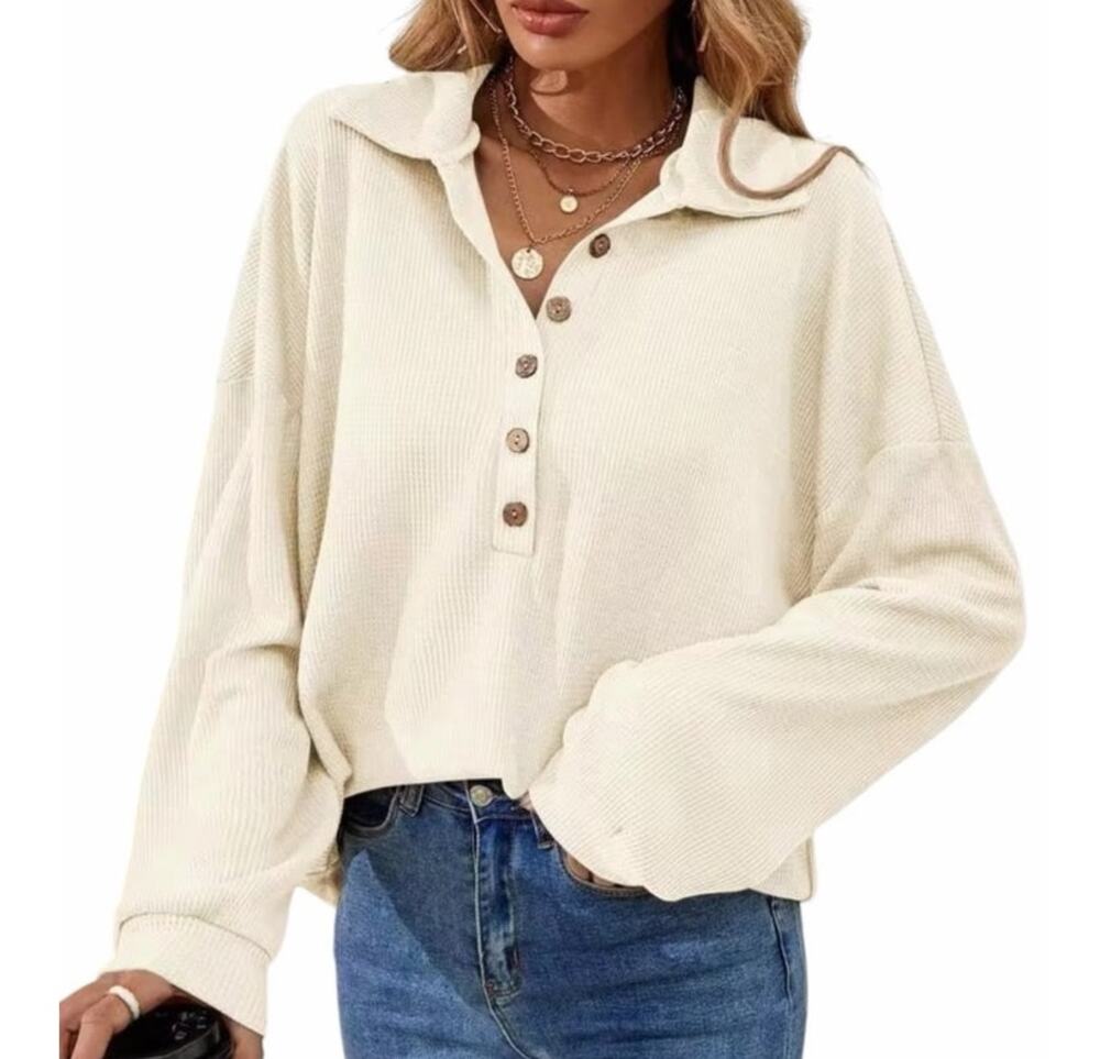 Shein Women's Large Cream Brown Waffle Knit Button Long Sleeve Collar Top